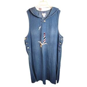 VTG Just Blu Denim Seagull Lighthouse Nautical Midi Dress Grunge Raw Hem SZ 22